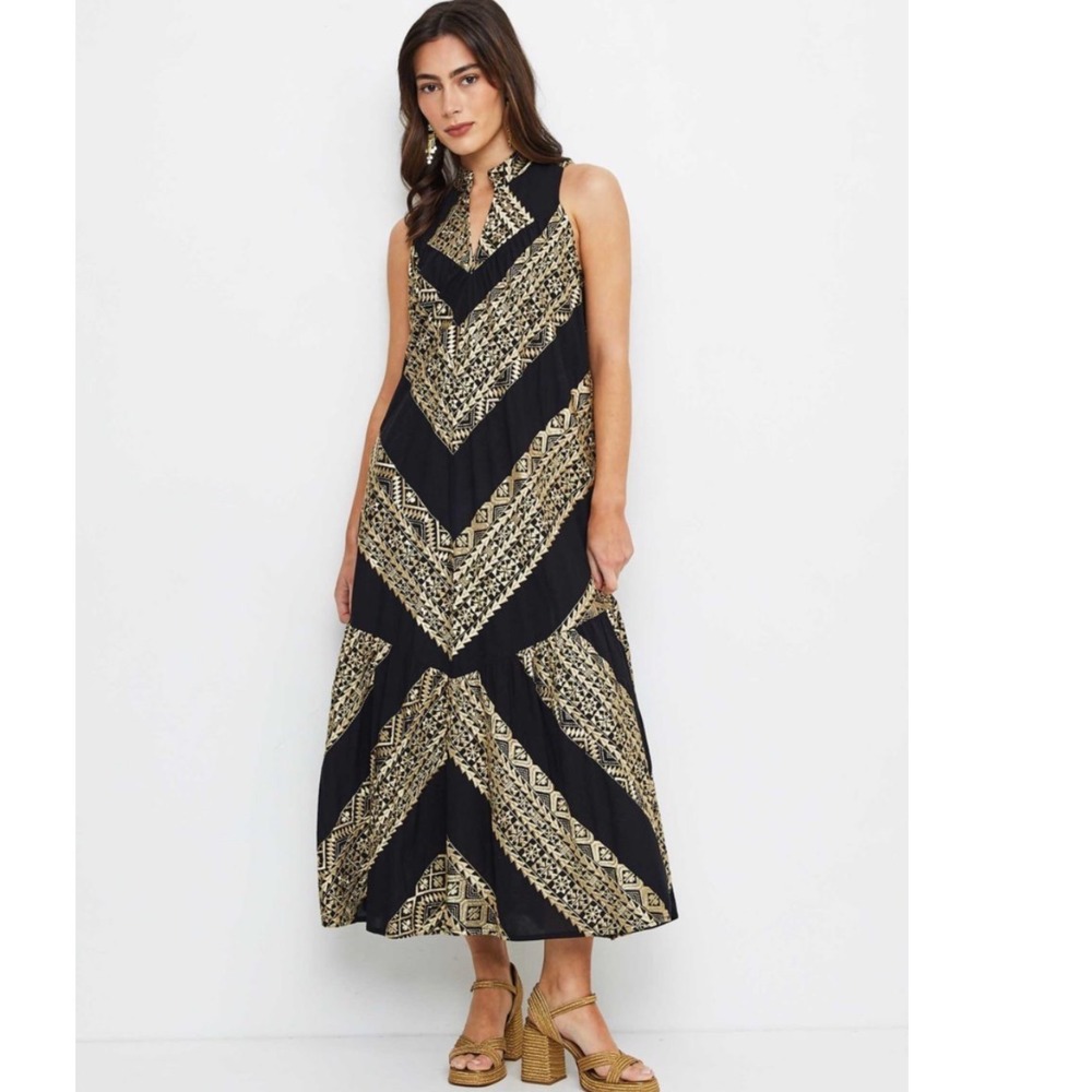 Greek Archaic Kori S24K-33024 Maxi Dress Womens XS Black Gold Embroidered Boho